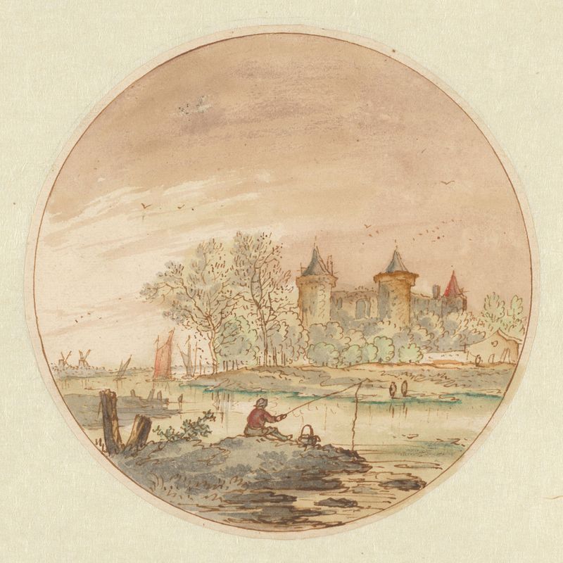 Landschap met een hengelaar en een kasteel de Aernout Ter Himpel, pintura al óleo que representa un paisaje sereno.