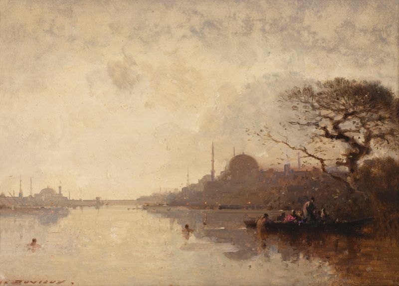 A view of the Bosphorus with Hagia Sophia, oil on canvas by Henri Duvieux