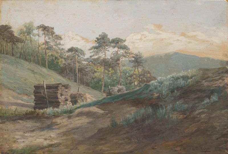 Forest Valley with Wood Logs by Ľudovít Čordák, oil on canvas depicting logs in a tranquil forest setting