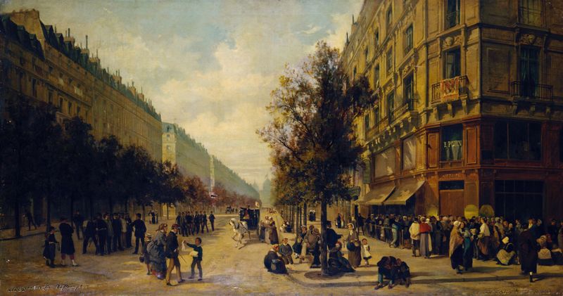 Escena de género que muestra una multitud en uniformes, pintura al óleo de Alfred Decaen