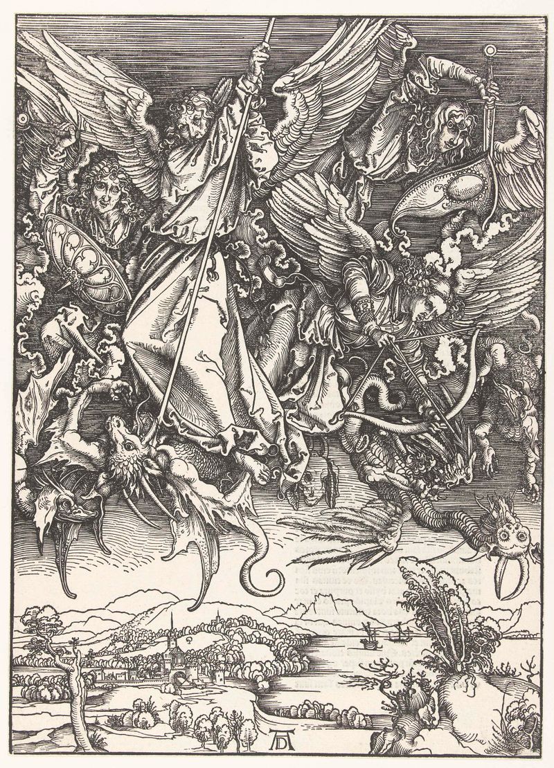 Aartsengel Michaël en zijn engelen bestrijden enkele draken gravura de Albrecht Dürer