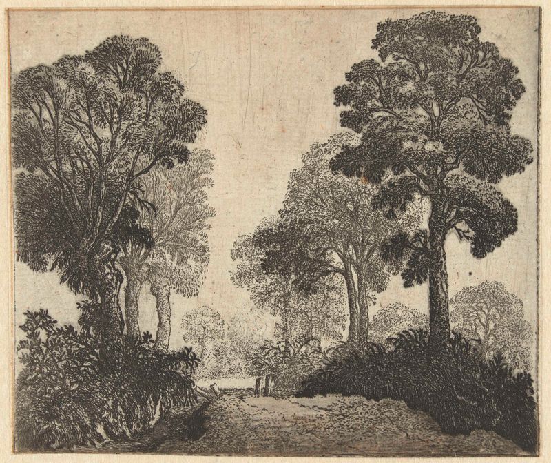 Landschap met bomen langs een pad, etching by Jan van Brosterhuyzen depicting a serene landscape with trees and a path.
