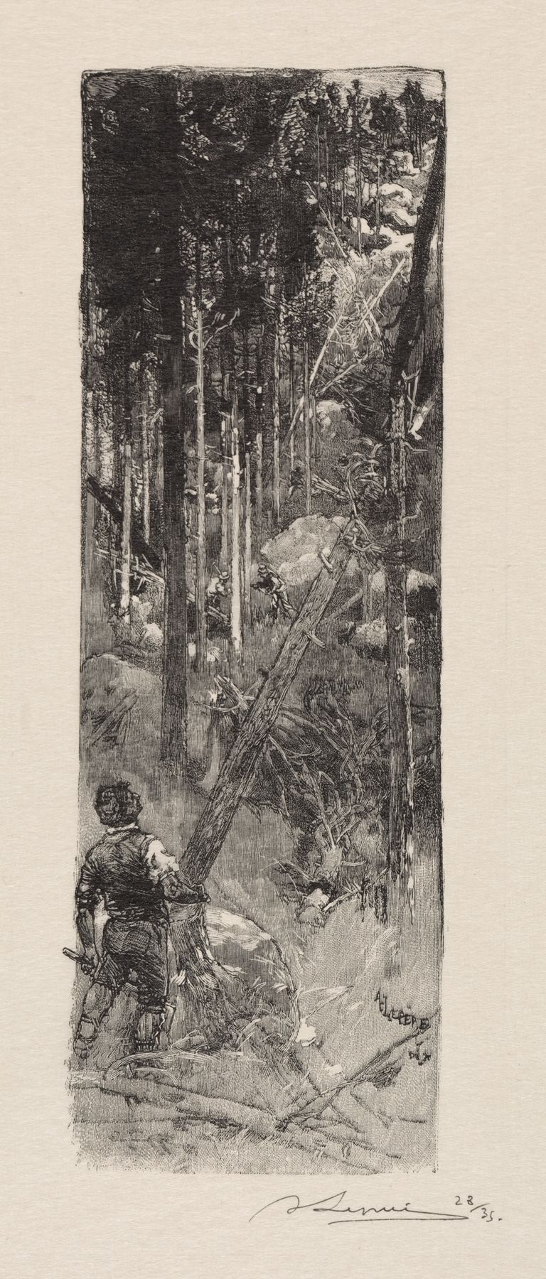 Grabado de Auguste Louis Lepère que muestra a trabajadores talando árboles en un bosque