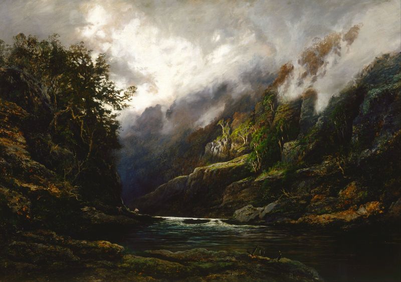 The Upper Nepean by William Charles Piguenit, oil on canvas, depicting a tranquil river and lush forest.