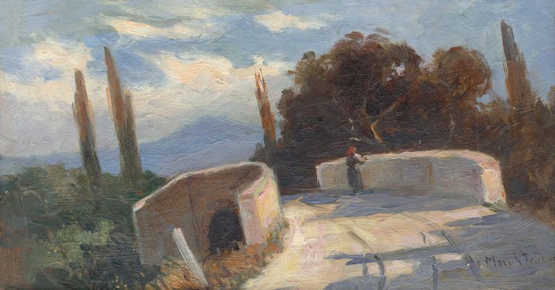 Bridge with cypress trees, oil painting by Felicián Moczik
