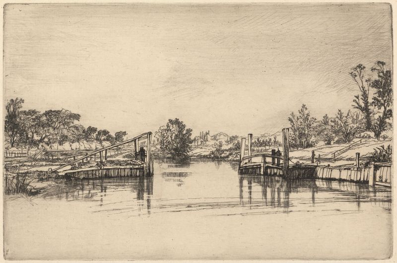 Gravura Egham Lock de Francis Seymour Haden retratando um rio tranquilo ao amanhecer