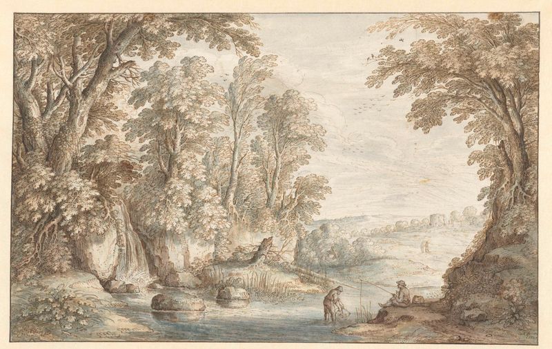 Two anglers in a wooded landscape with a waterfall, oil painting by Marten de Cock