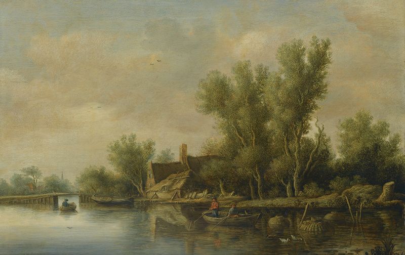 A River Estuary With Two Peasants Fishing In A Rowing Boat Near A Farmhouse by Pieter de Neyn, oil painting