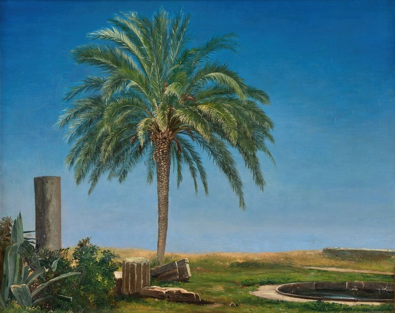 Ruinas en un paisaje con una palmera de Martinus Rørbye, pintura al óleo