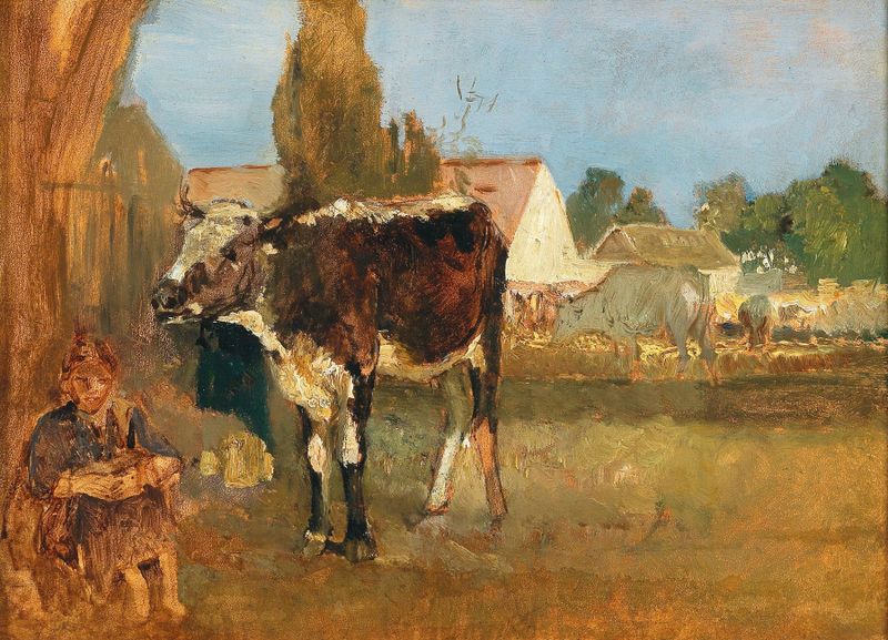 Paisagem com casa de fazenda, vacas e esposa do fazendeiro, óleo de Emil Jakob Schindler