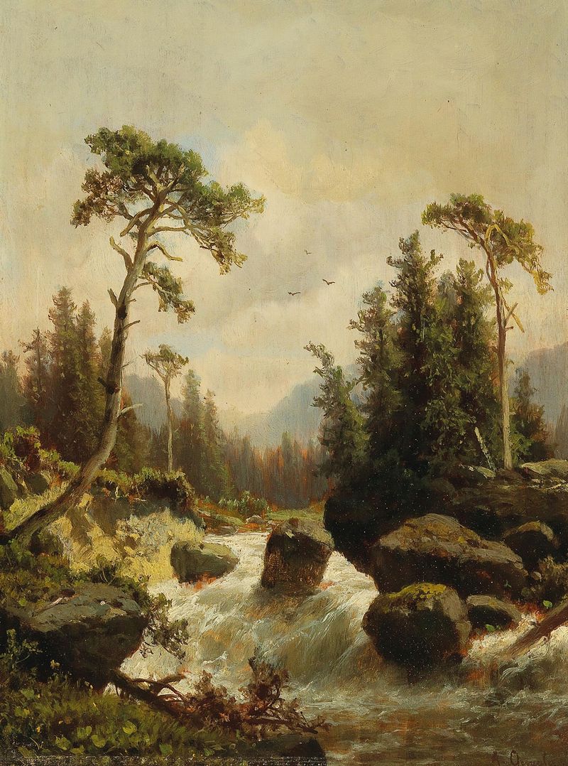 Paisaje con montañas y flores, pintura al óleo de Adolf Chwala