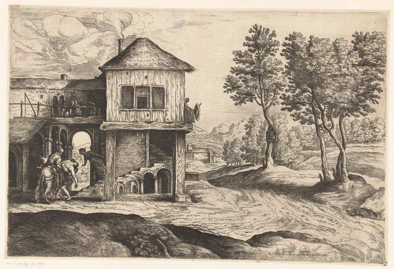 Etching by Lucas van Uden depicting the Samaritan aiding a wounded figure.