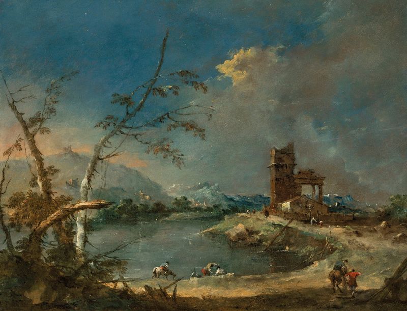 Um capricho de uma torre rústica ao lado de um lago, óleo sobre tela de Francesco Guardi
