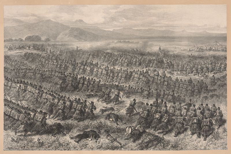 Escena histórica de batalla con guerreros y humo de Denis Auguste Marie Raffet, óleo