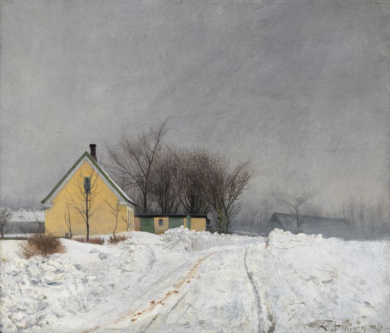 Foggy winter landscape with a yellow house by Laurits Andersen Ring, oil painting