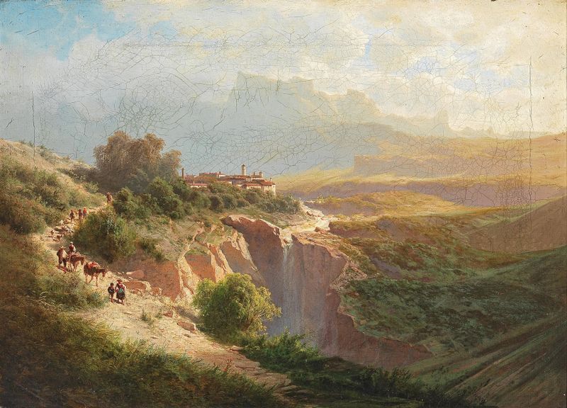 View of an Upper Italian Town with decorative figures, oil on canvas by Leopold Heinrich Vöscher