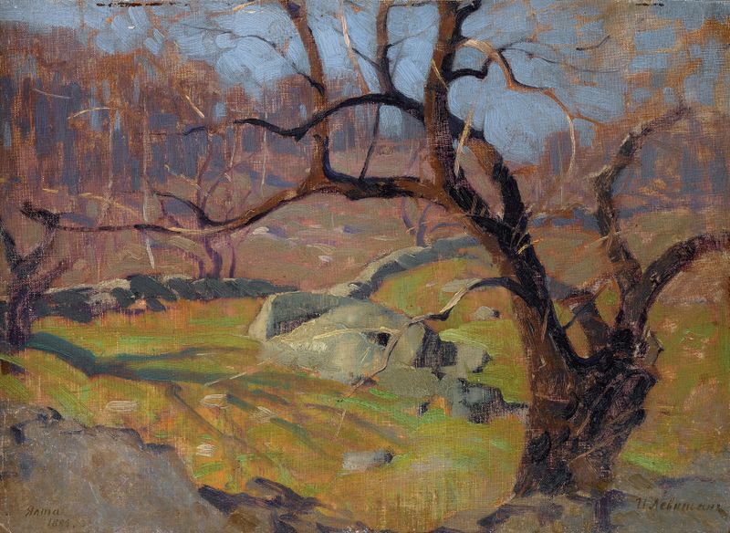 View Near Yalta by Isaac Levitan, oil on canvas depicting sunset over water and trees.