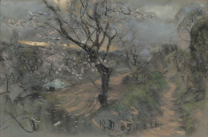 A Hillside Path with Blooming Cherry Trees, oil painting by Francesco Paolo Michetti