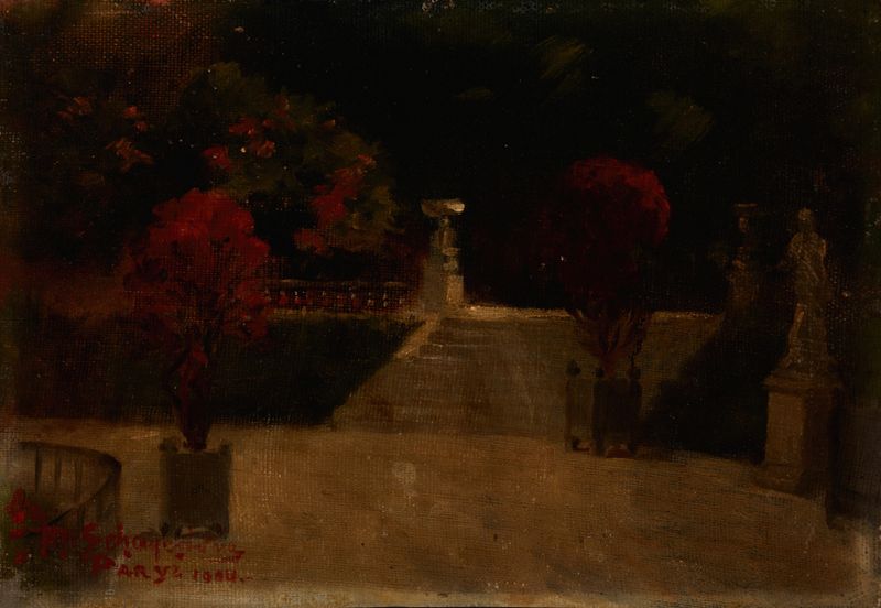 Obra de simbolismo de Maria Schayerówna que representa un paisaje nocturno con luz de luna iluminando árboles y un camino.