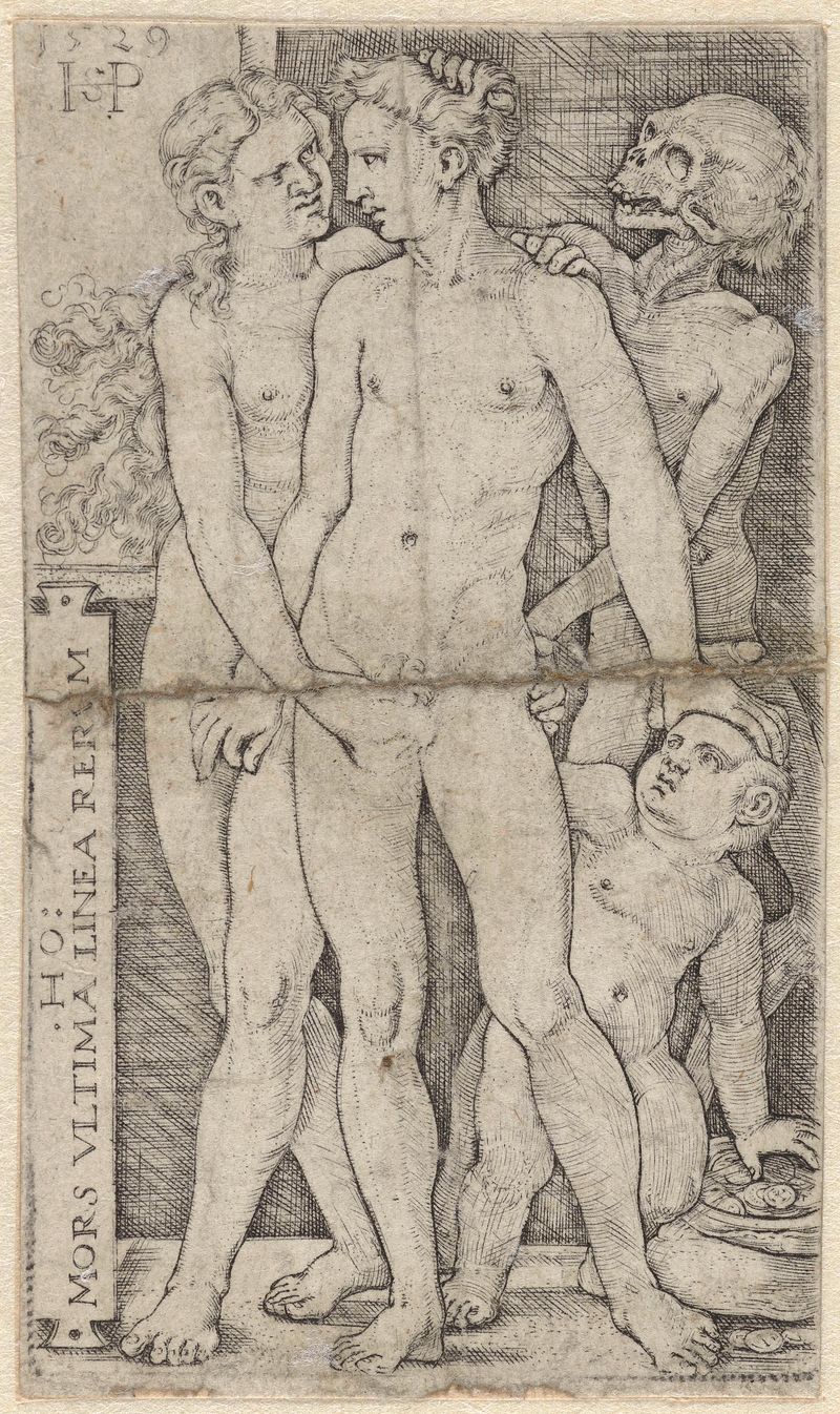 Grabado de Hans Sebald Beham que representa a una pareja en un abrazo, simbolizando la vida y la muerte.