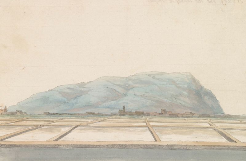 Aquarela de Abraham-Louis-Rodolphe Ducros retratando salinas em Trapani
