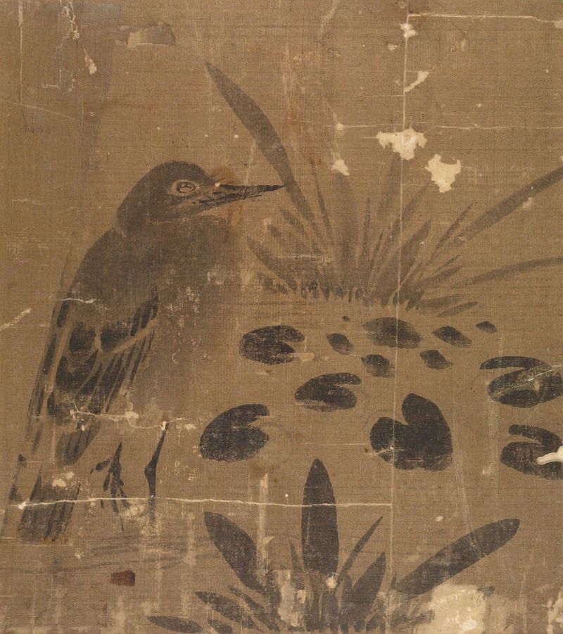 Garza de pie entre plantas acuáticas, tinta sobre seda de Yi Ching