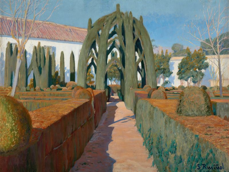 El Jardín De La Bailarina, un óleo impresionista de Santiago Rusiñol, que representa un jardín vibrante.