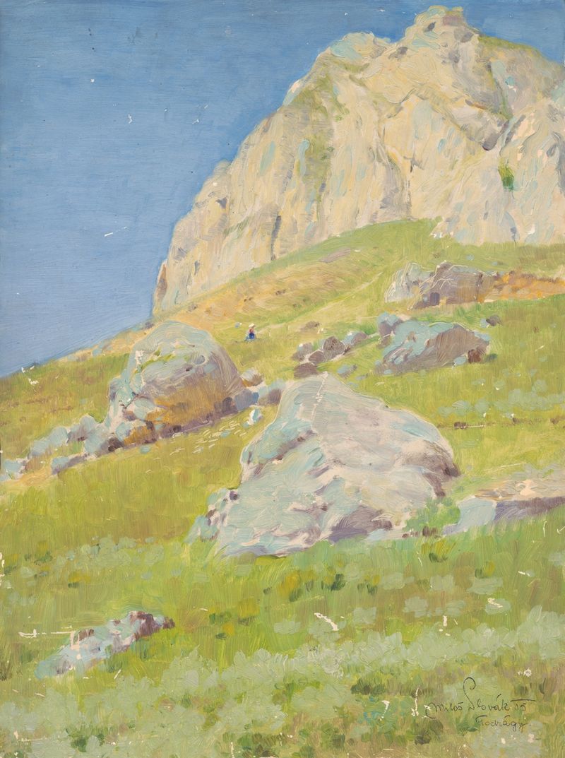 Estudio del paisaje alrededor de Súľovké Podhradie de Miloš Slovák, óleo sobre lienzo que representa una escena natural se...