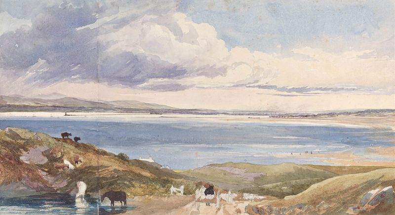 Landscape by Rev. James Bulwer, oil on canvas depicting a shoreline with a road and lighthouse.