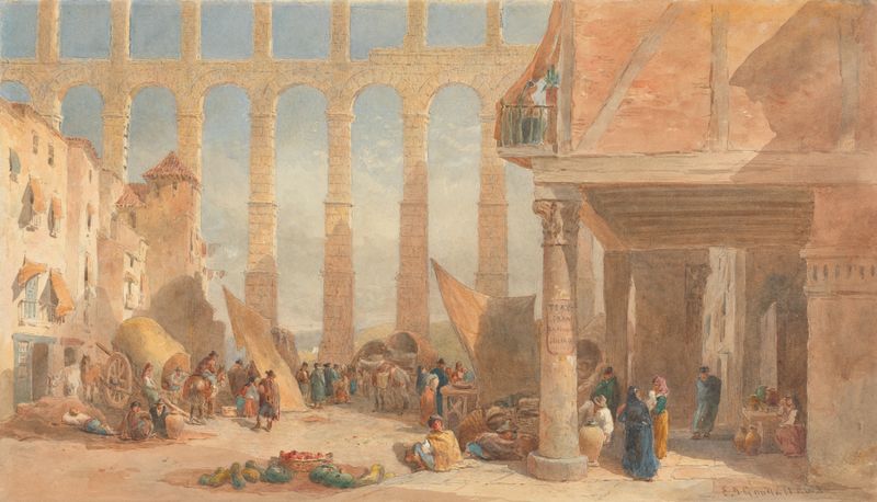 Aquaduct at Segovia, Spain by Edward Angelo Goodall, oil on canvas depicting sunlight on ancient stone arches.