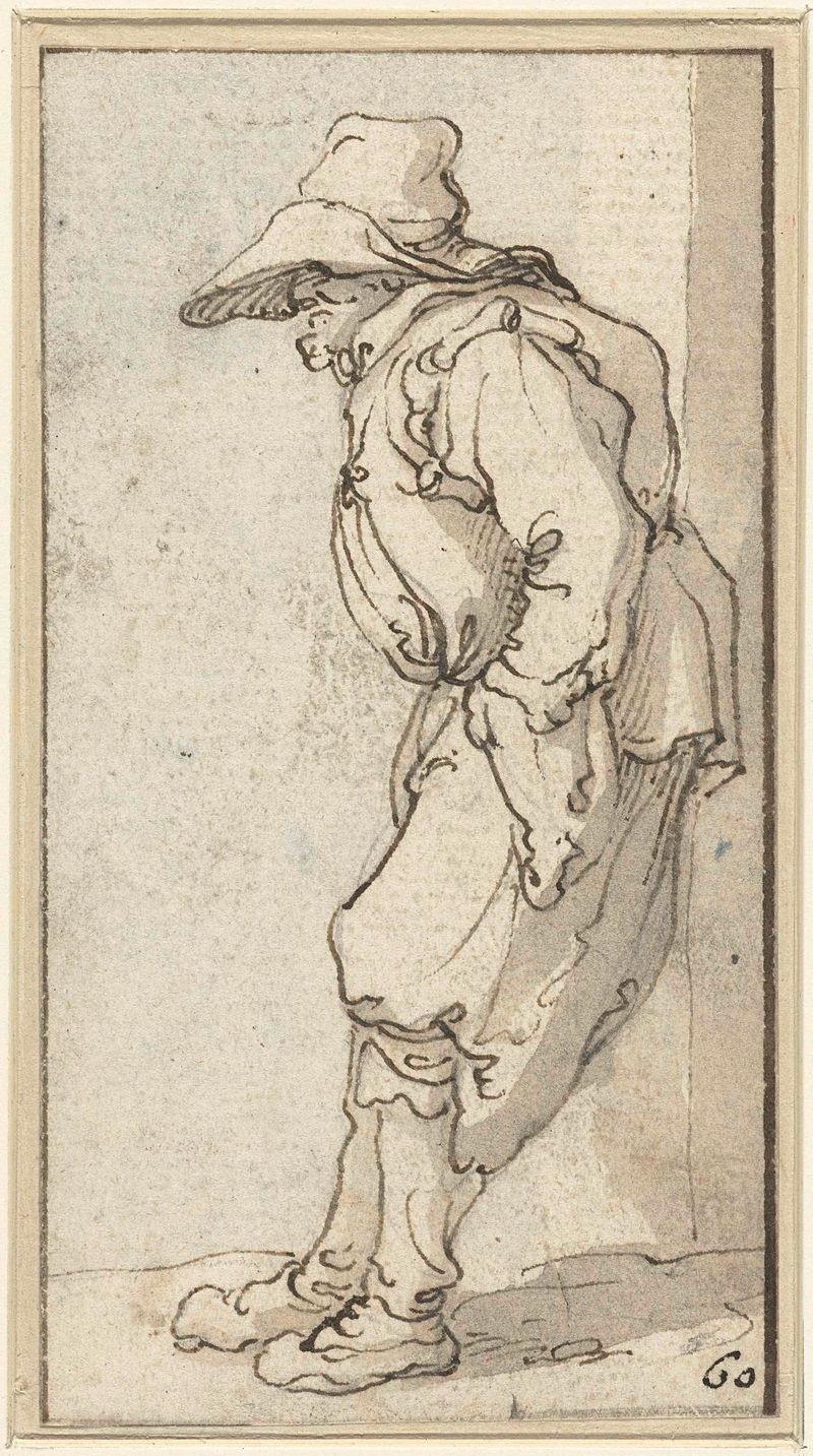 Figurative oil painting by Jacob Roos depicting a beggar leaning against a wall