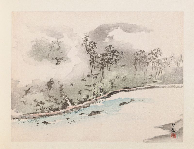 Paisaje en tinta sobre papel de Unknown Artist, Heian meishō, Pl.04
