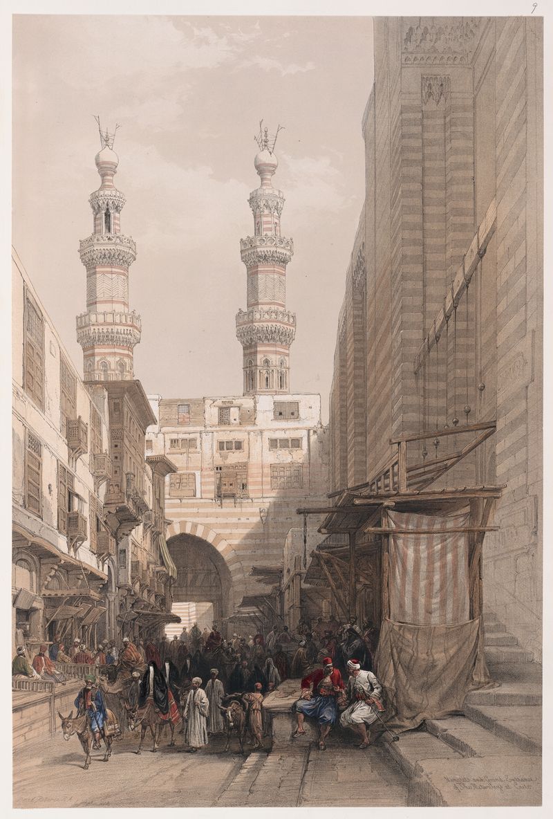 Pintura a óleo de David Roberts mostrando minaretes e grande entrada no Cairo