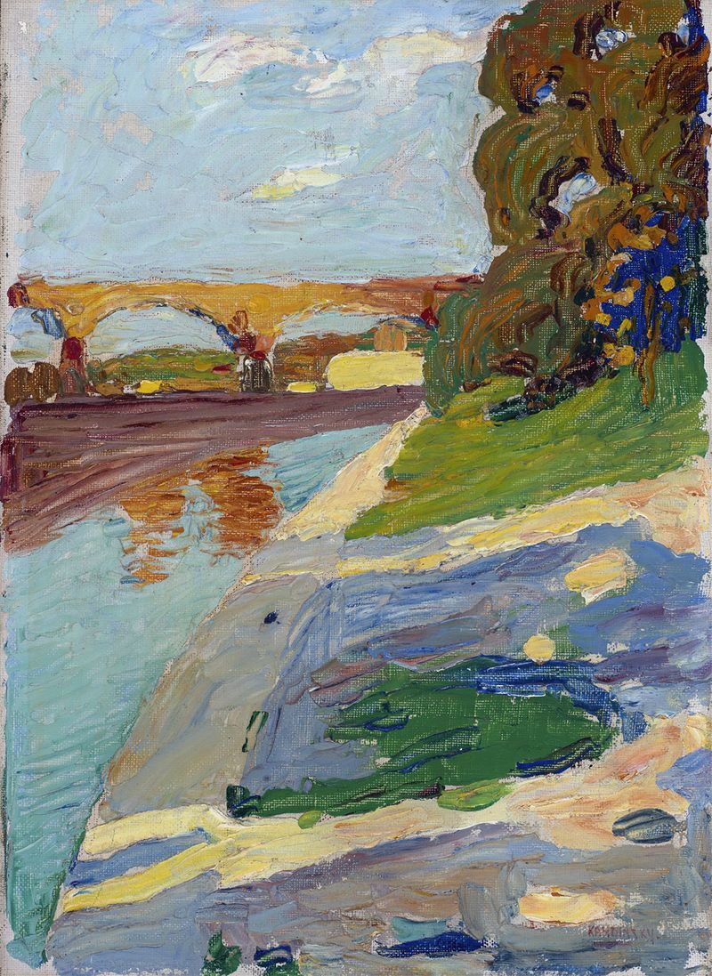 Paisagem com azuis e verdes em espiral, óleo sobre tela de Wassily Kandinsky