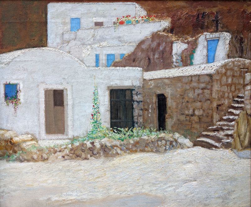Die blauen Türen auf Ponza by Hermann Urban, oil on canvas, features azure doors and sunlit walls.