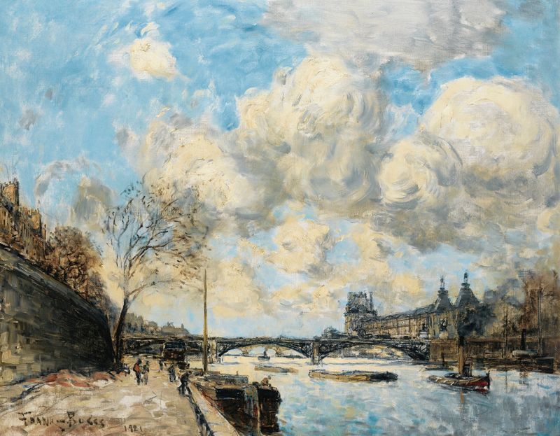 Pintura al óleo impresionista de Frank Myers Boggs que representa el río Sena y el Louvre