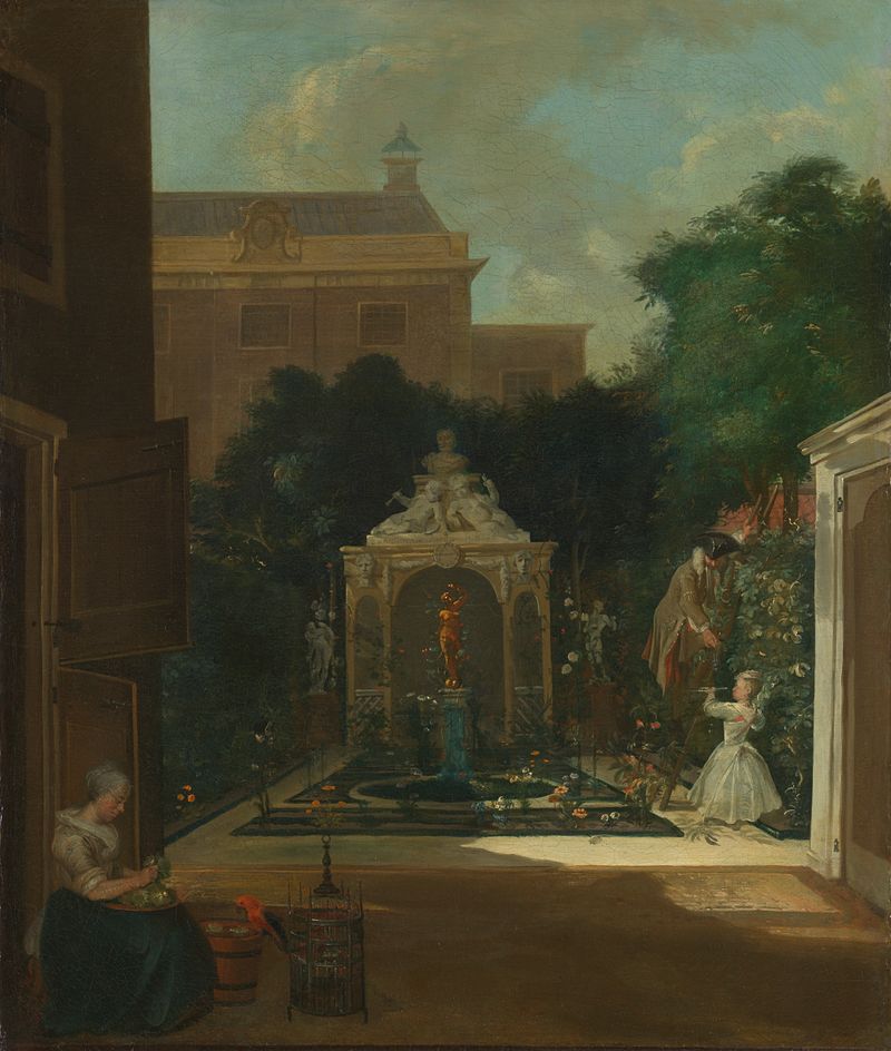 An Amsterdam Canal House Garden, oil on canvas by Cornelis Troost