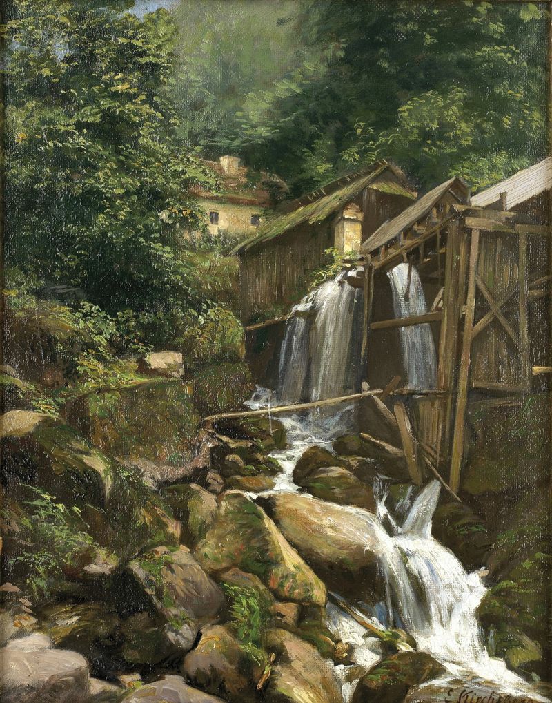 Landscape oil painting by Ernestine von Kirchsberg depicting a crumbling mill and nature.