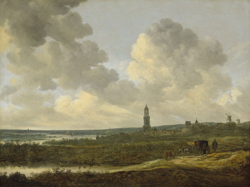 Pintura de paisagem a óleo de Jan van Goyen com um rio e nuvens.