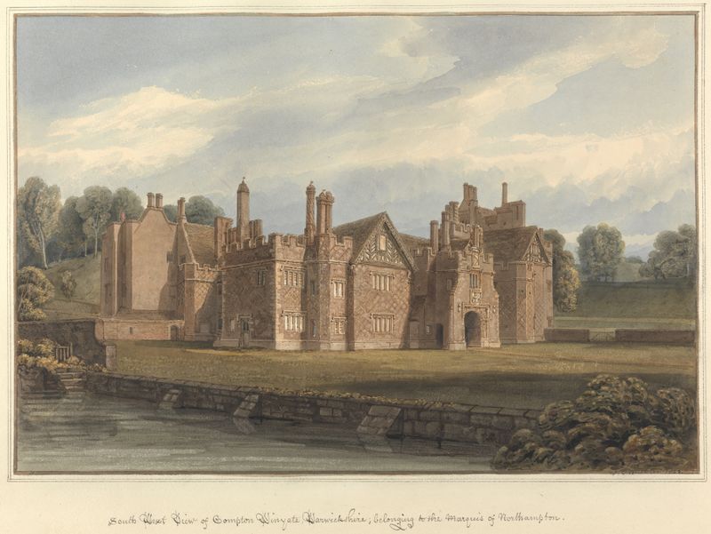 South West View of Compton Winyate, Warwickshire de John Buckler, óleo que muestra un manor al atardecer.