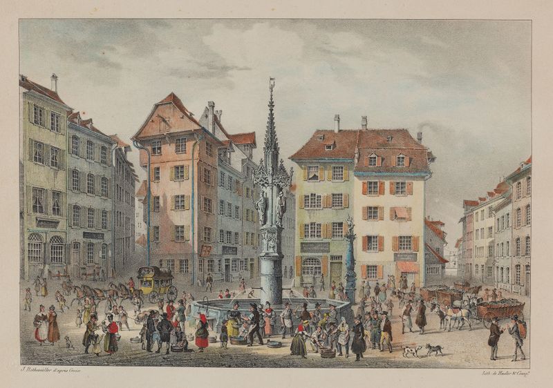 Genre scene of a fish market with sunlight on cobblestones, oil painting by Constantin Guise