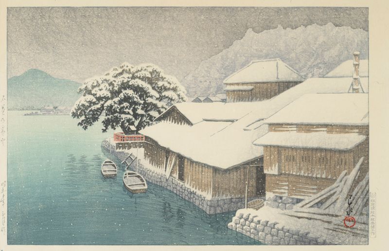 Neve da Noite em Ishinomaki de Kawase Hasui, Ukiyo-e, retratando uma paisagem de inverno tranquila.