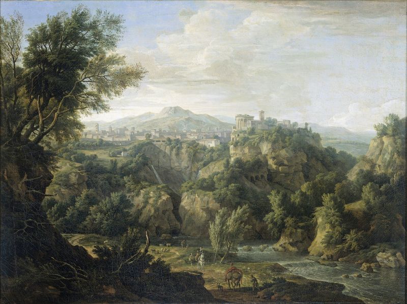 Landscape view featuring a waterfall and hills, oil painting by Isaac de Moucheron