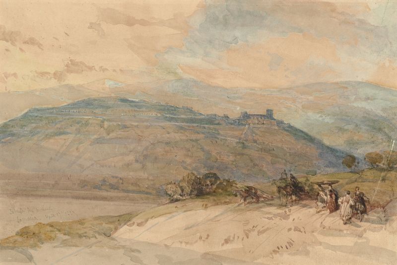 Distant view of Sebaste de David Roberts, óleo sobre lienzo que muestra montañas y ruinas antiguas