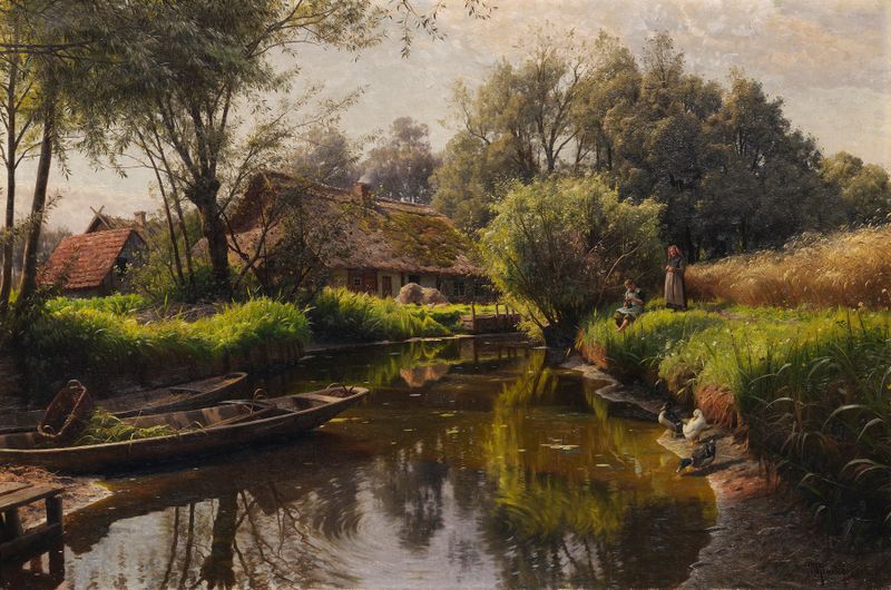 Paisagem com rio e floresta de Peder Mørk Mønsted, pintura a óleo