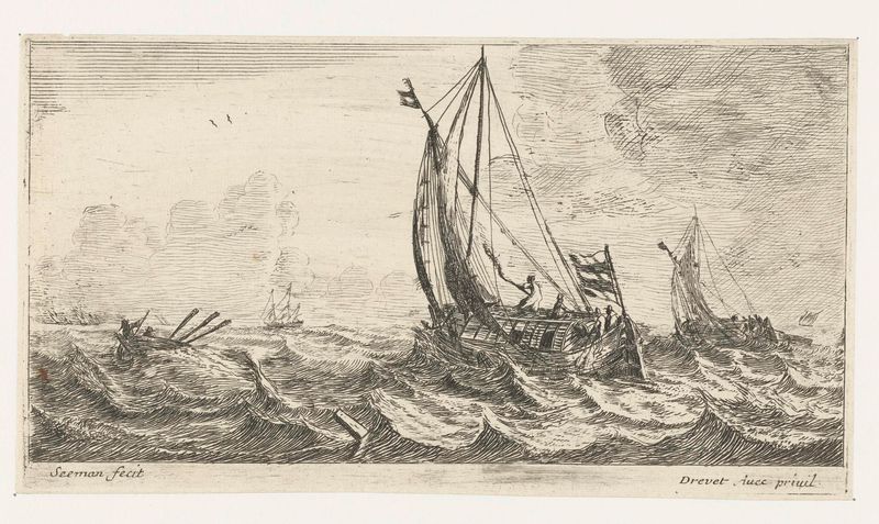 Veerschip op ruwe zee, grabado de Unknown Artist que representa un ferry navegando por el mar turbulento.