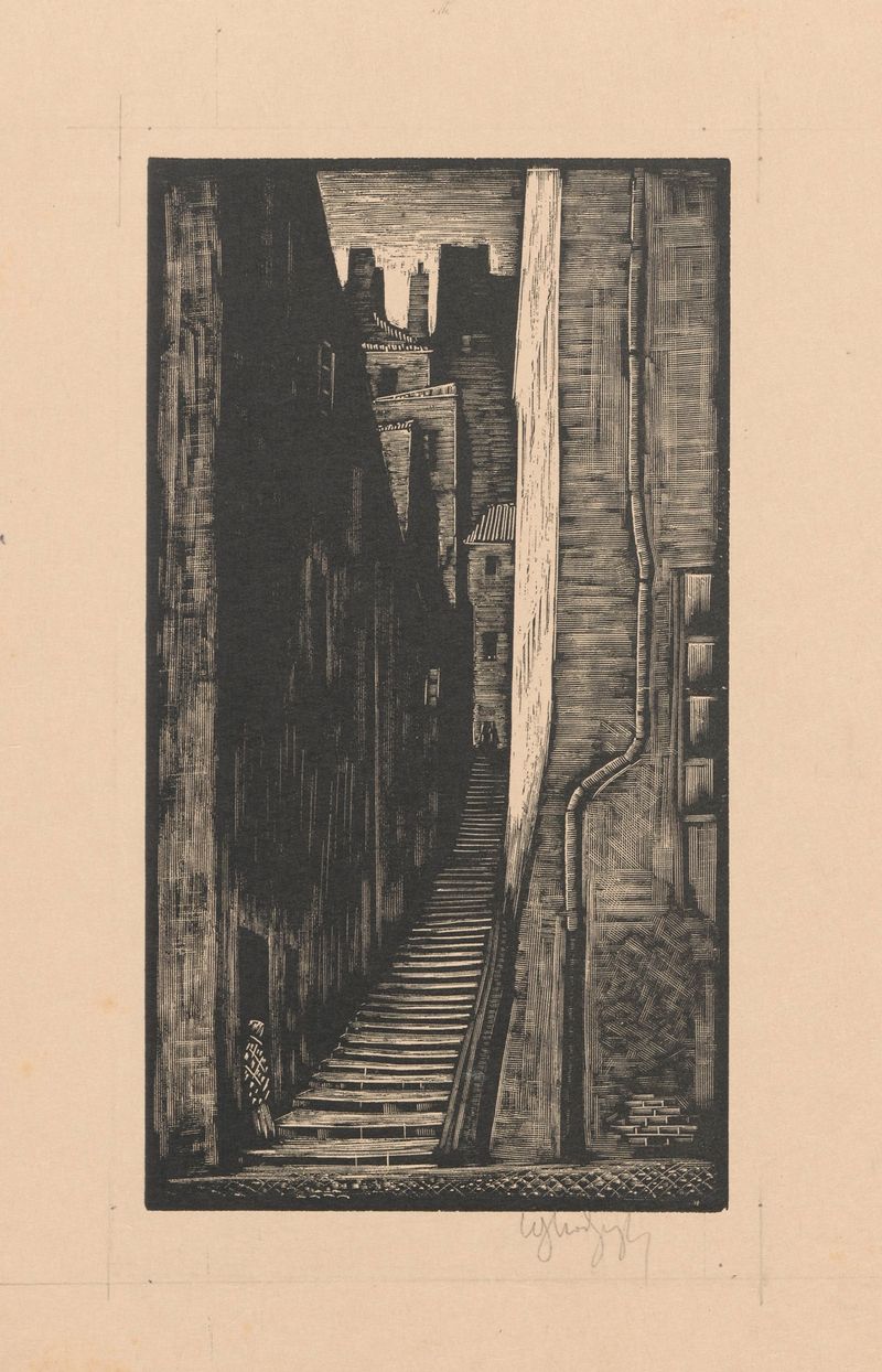 Woodcut by Władysław Skoczylas depicting stone steps and textured landscape