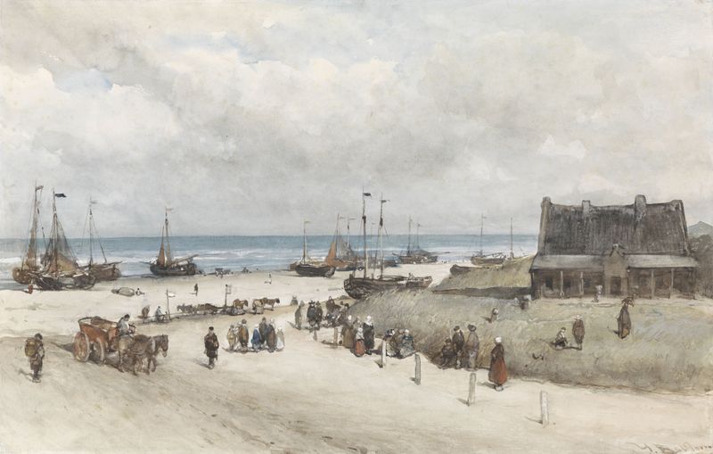 Cena de gênero retratando figuras em uma praia, pintura a óleo de Johannes Bosboom
