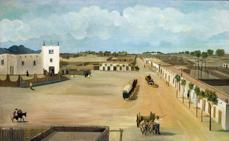 Cena de gênero de Old Mesilla Plaza de Leon Trousset, 1885-1886, em um meio desconhecido.