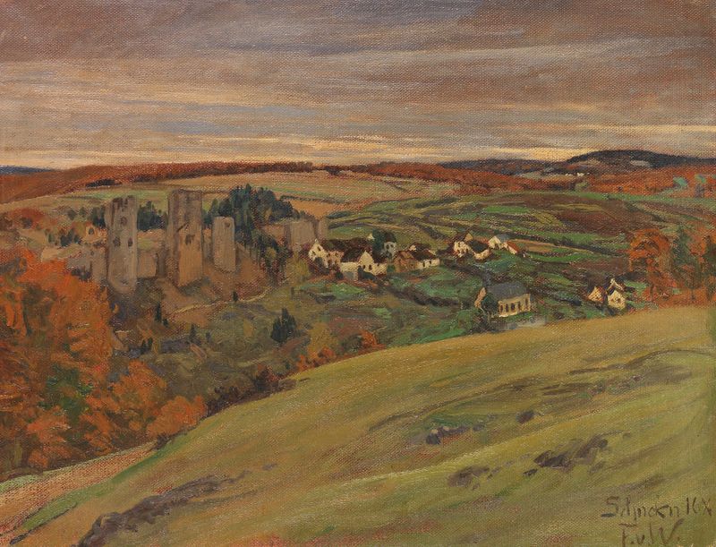 Landscape with ruins and mist, oil on canvas by Fritz Von Wille